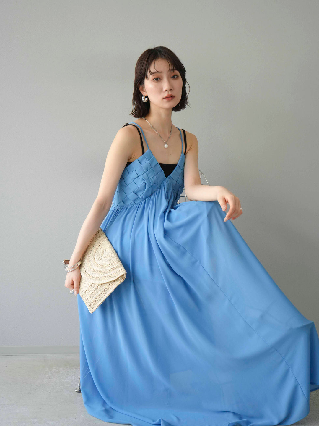 [予約]編み込みデザインシフォンワンピース/ブルー