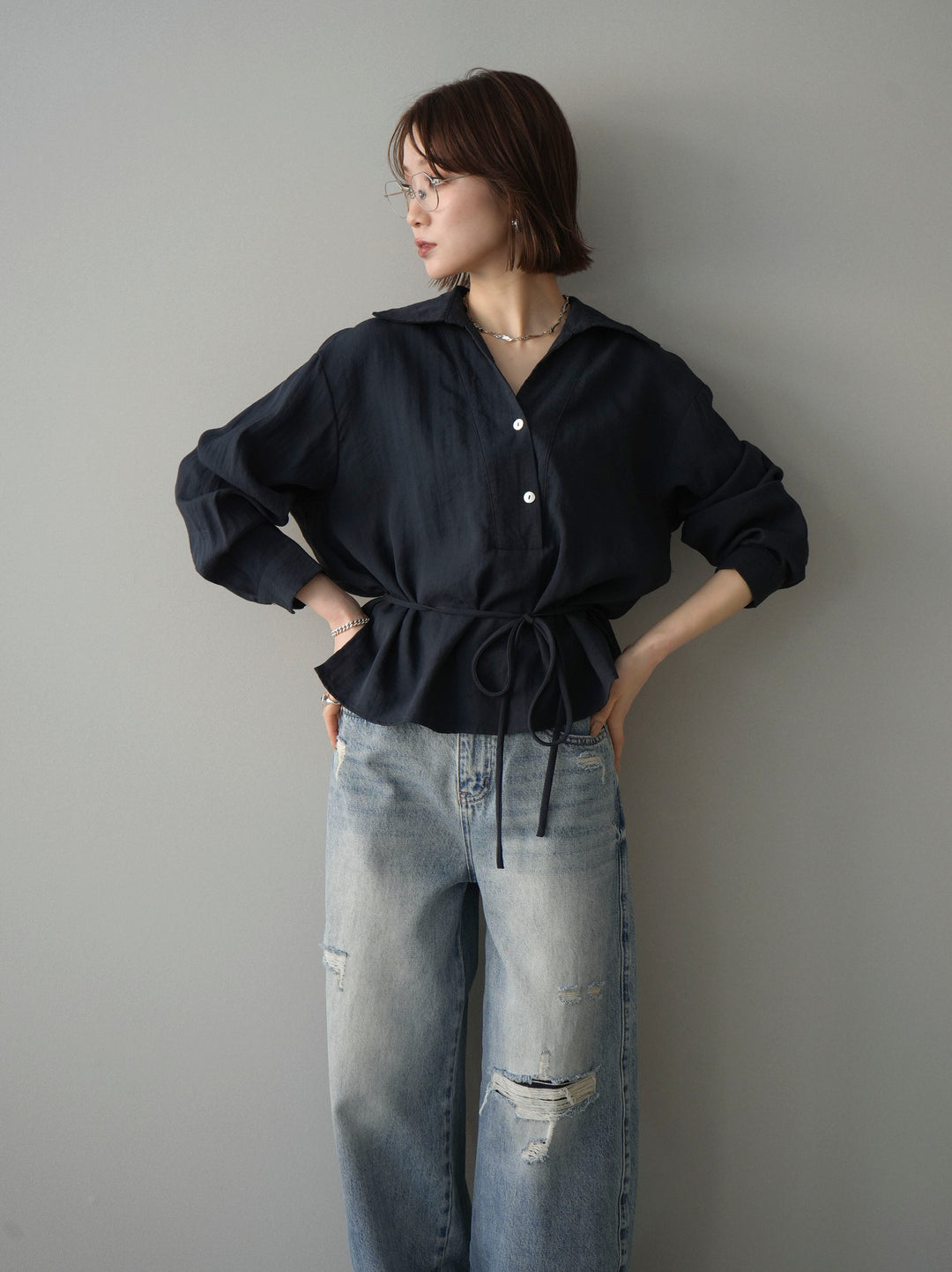 [予約]Vネック変形ラインシャツ/navy