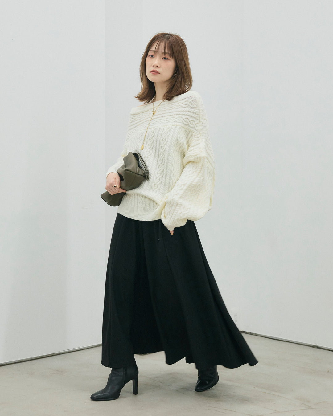 【Allure】[SET]ケーブルワンショルニットプルオーバー+ウールタッチフレアスカート(2set)