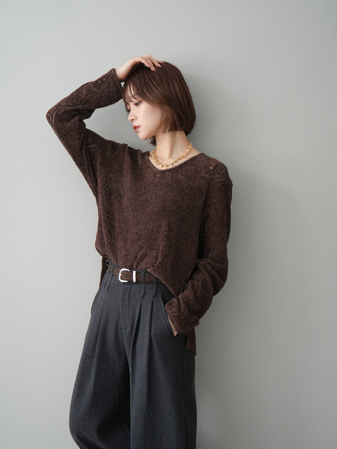 [予約]モール透かし編みニットトップス/brown