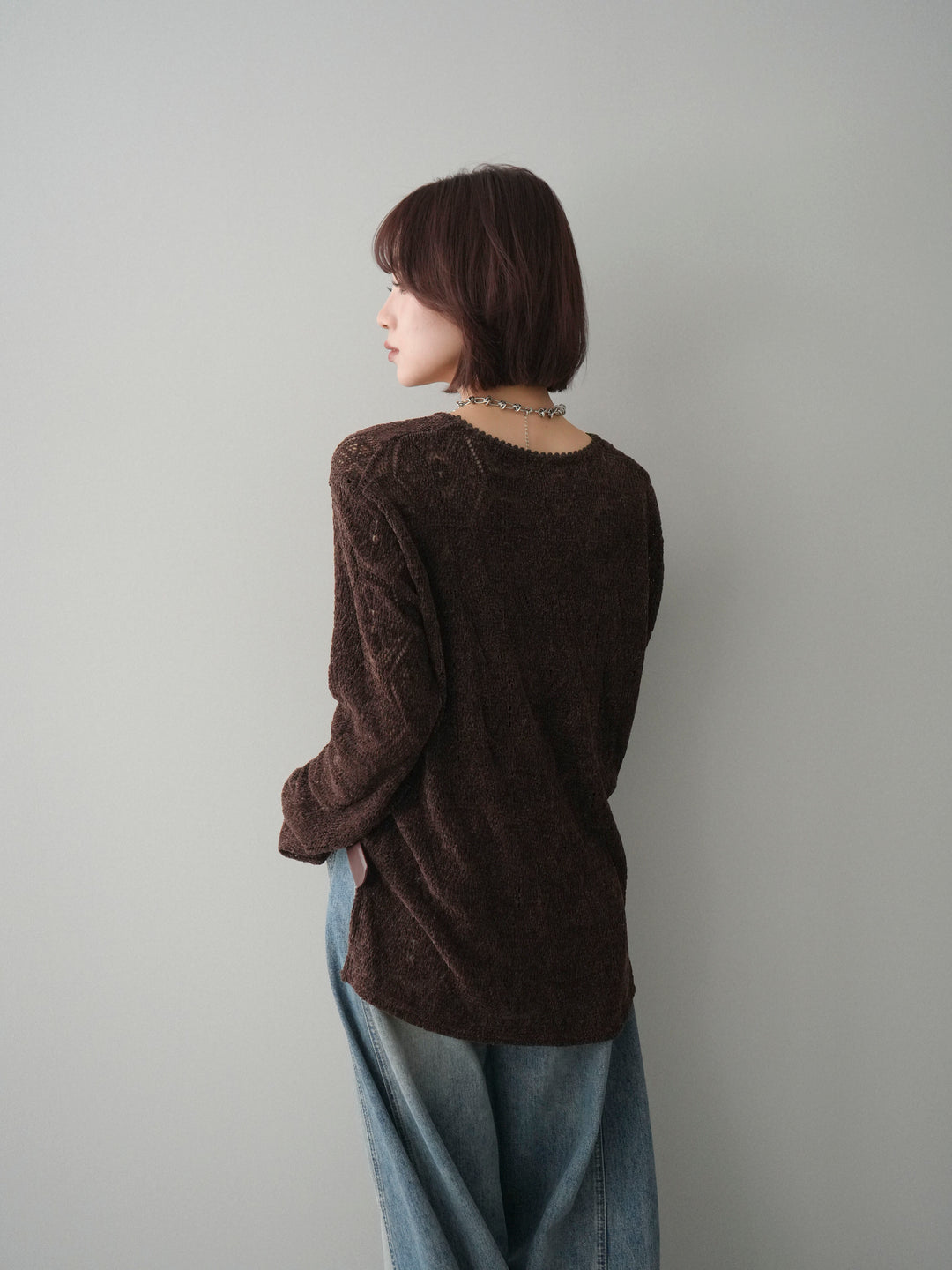 [予約]モール透かし編みニットトップス/brown