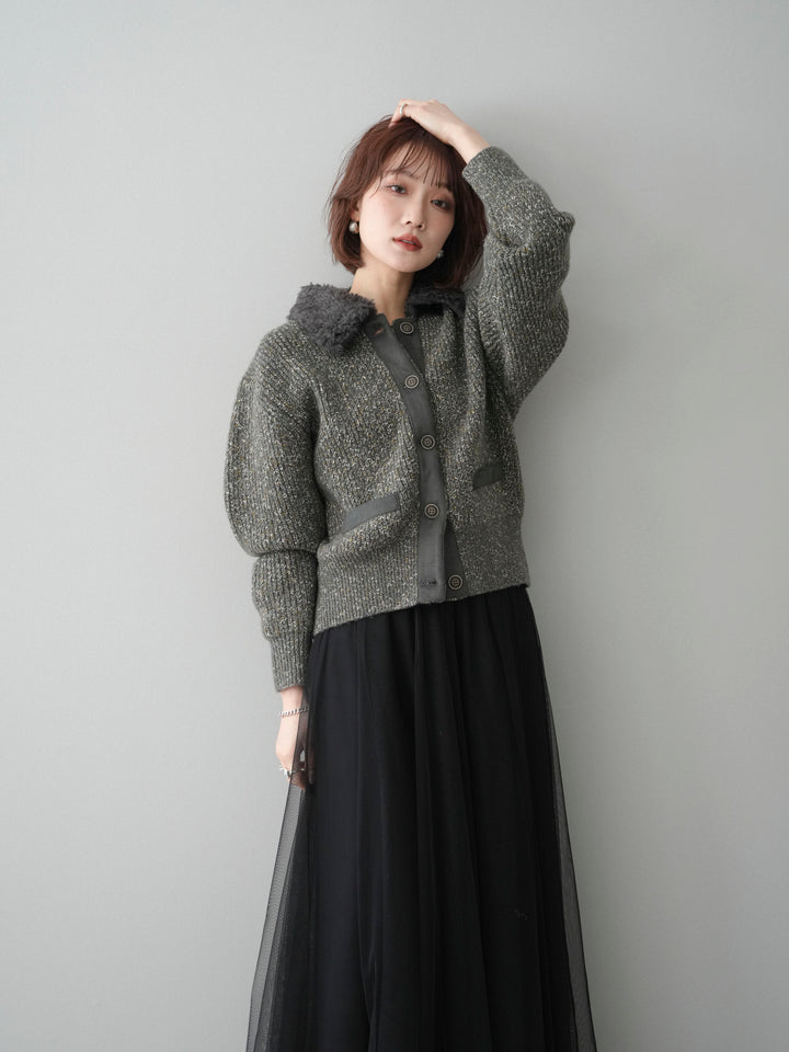 [SET]襟ボアミックスヤーンニットカーディガン+チュールボリュームスカート(2set)