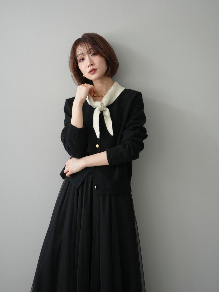 [SET]デザイン襟ニットカーディガン+チュールボリュームスカート(2set)