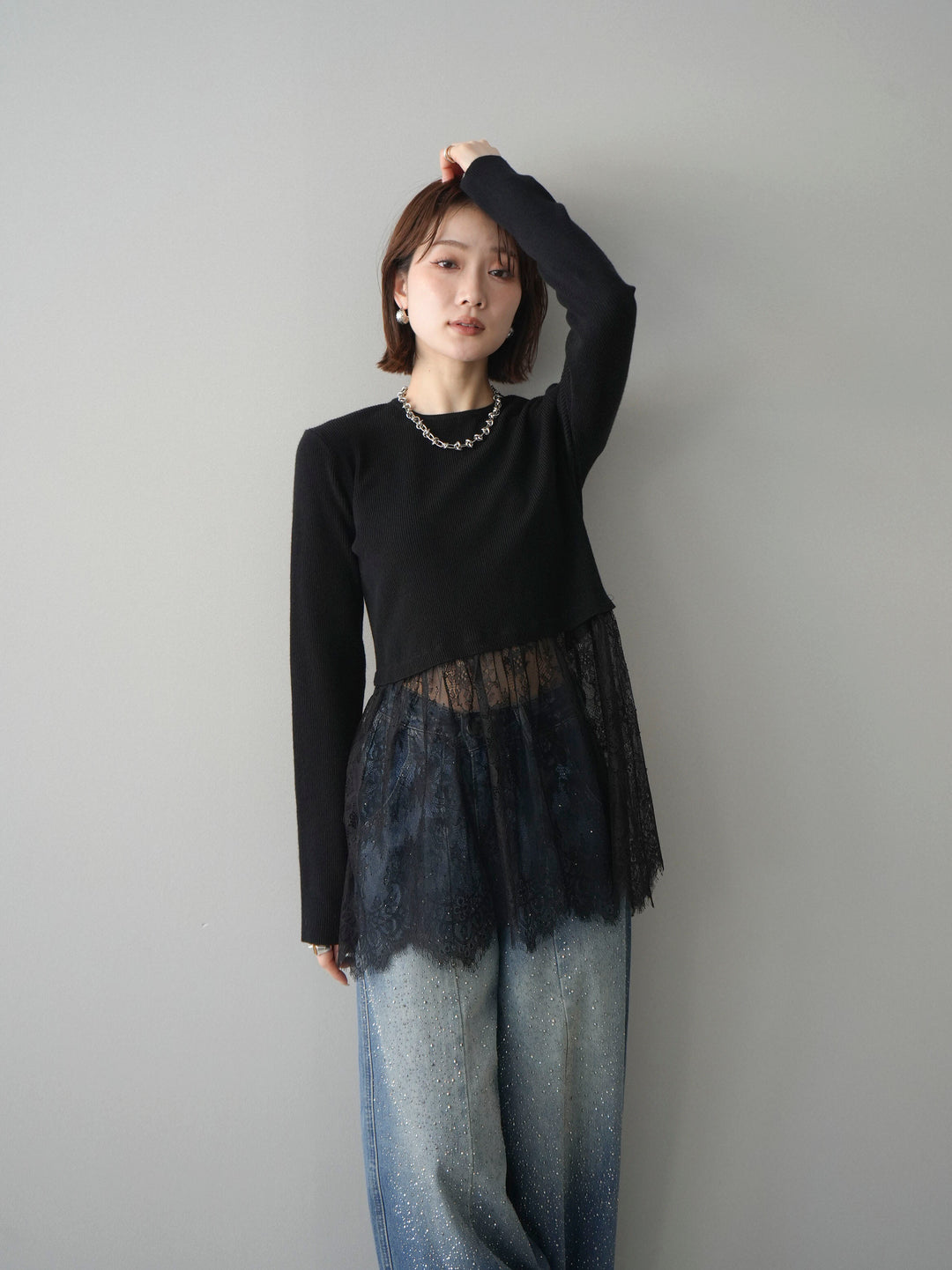 [SET]クルーネックレースドッキングリブニットトップス+フロントビジューカーブデニムパンツ(2set)