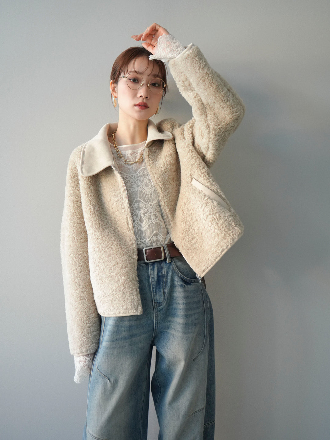 [予約]スエード襟ボアショートジャケット/beige