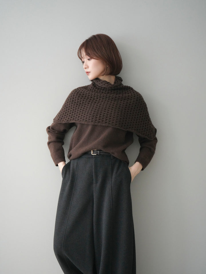 [予約]メッシュケープアンサンブルニットプルオーバー/brown