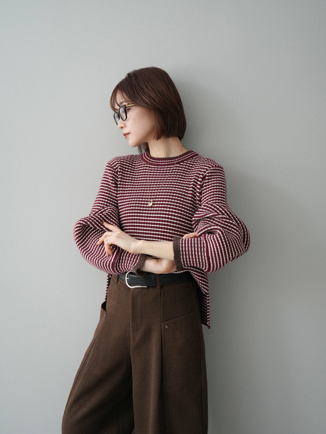 [予約]ラメ異素材ボーダーリブニットプルオーバー/bordeaux×brown