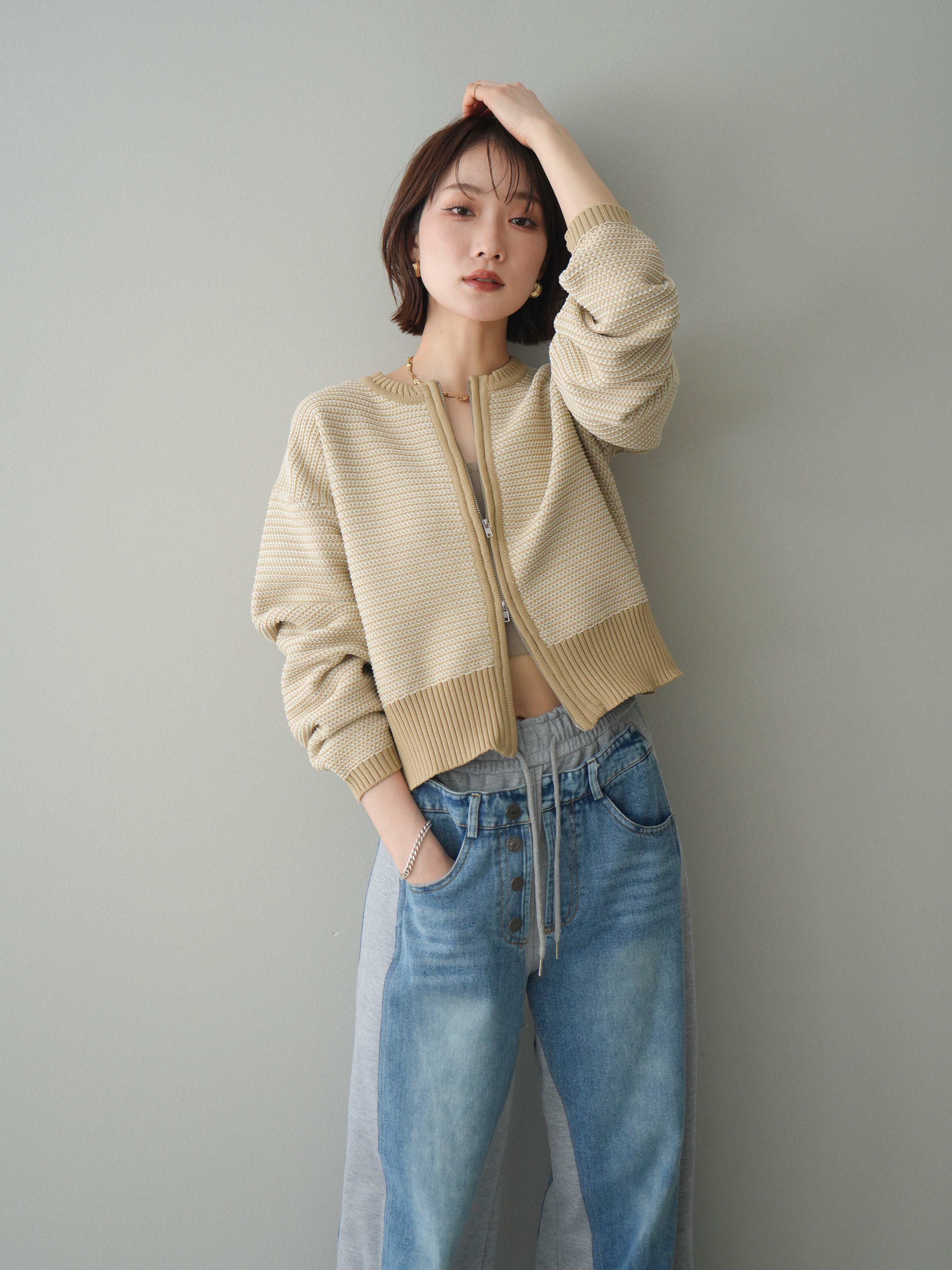 SET]ボーダーダブルZIPカーディガン+デニム切替スウェットパンツ(2set