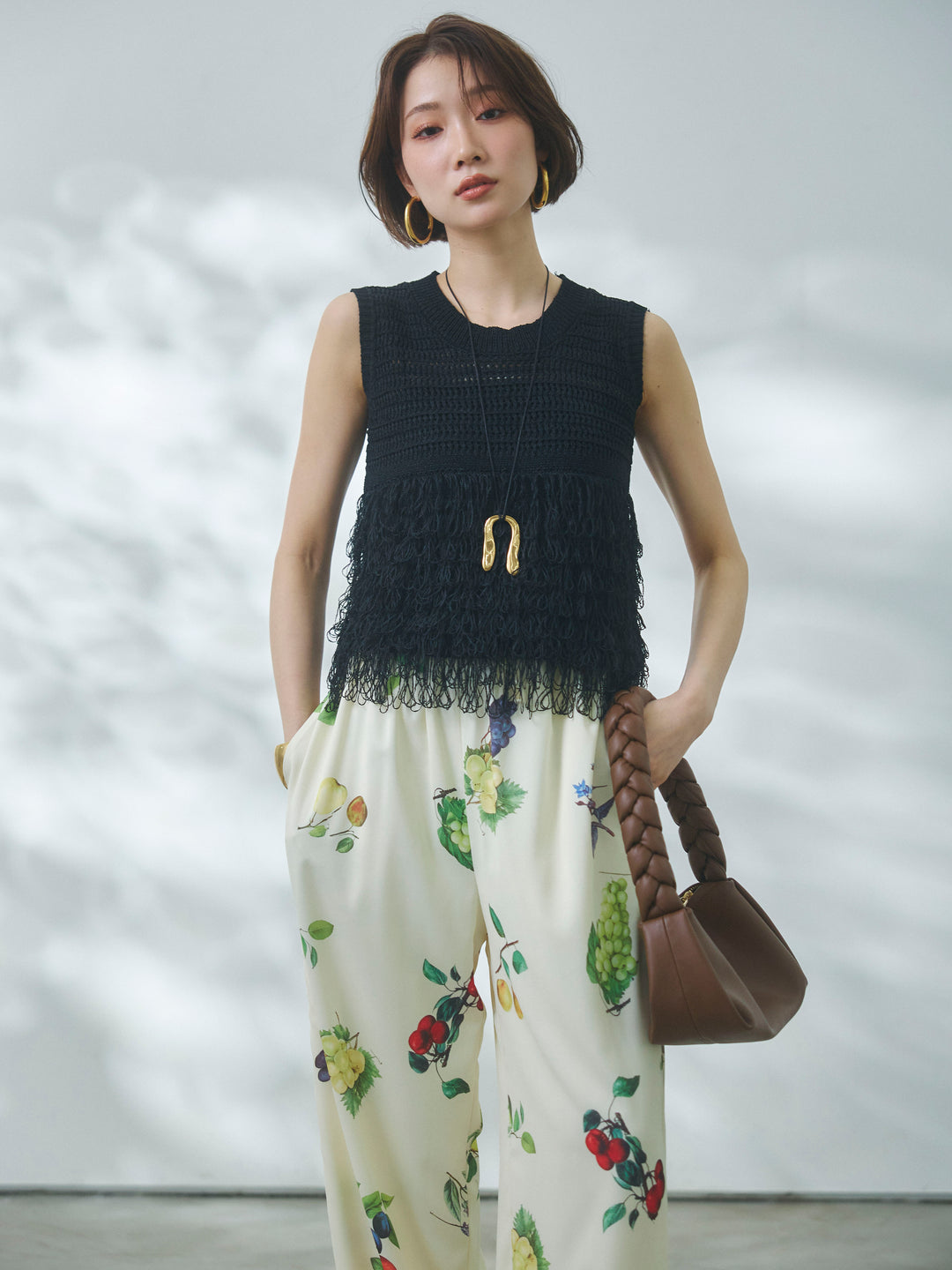 【Allure】[SET]フリンジクロップドニットベスト+ボタニカルプリントイージーパンツ(2set)