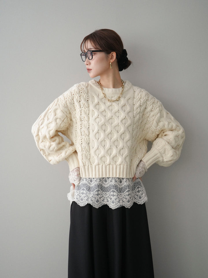 [SET]バルキーケーブルクロップドニットプルオーバー+テープベルトタックバギーパンツ(2set)