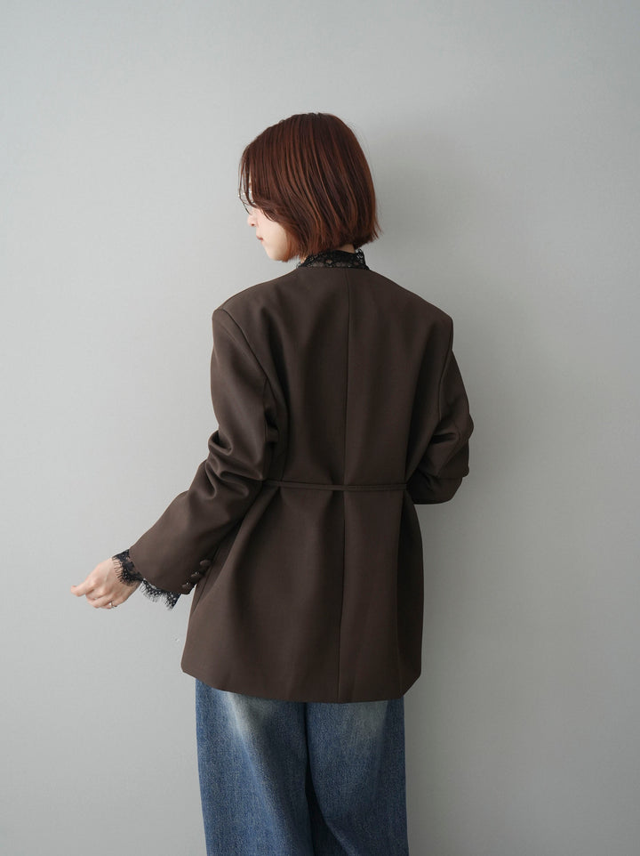 [SET]ノーカラーレースジャケット+カップ付テレコリブベアキャミソール(2set)