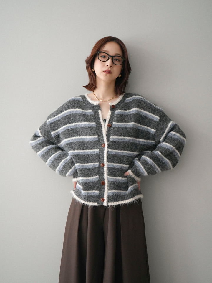 [SET]ウールタッチ配色ボーダーニットカーディガン+テープベルトタックバギーパンツ(2set)