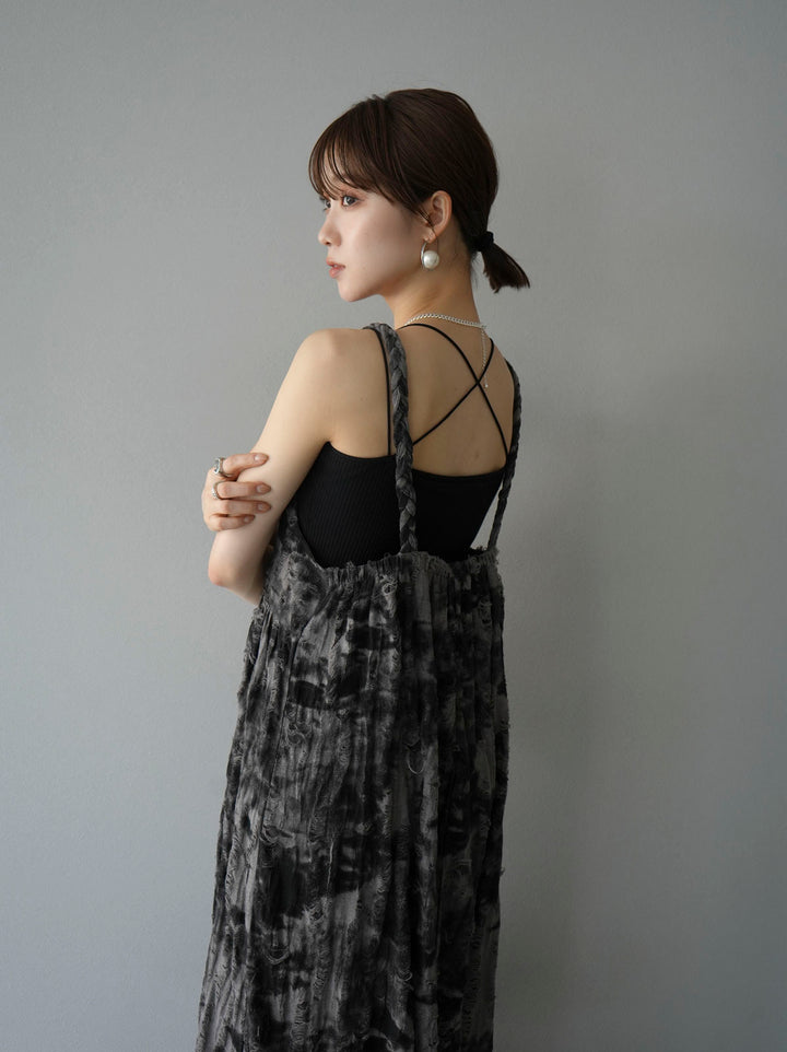 [Pre-order] Damaged Nuance Pattern Braided String Cami Dress/Brown