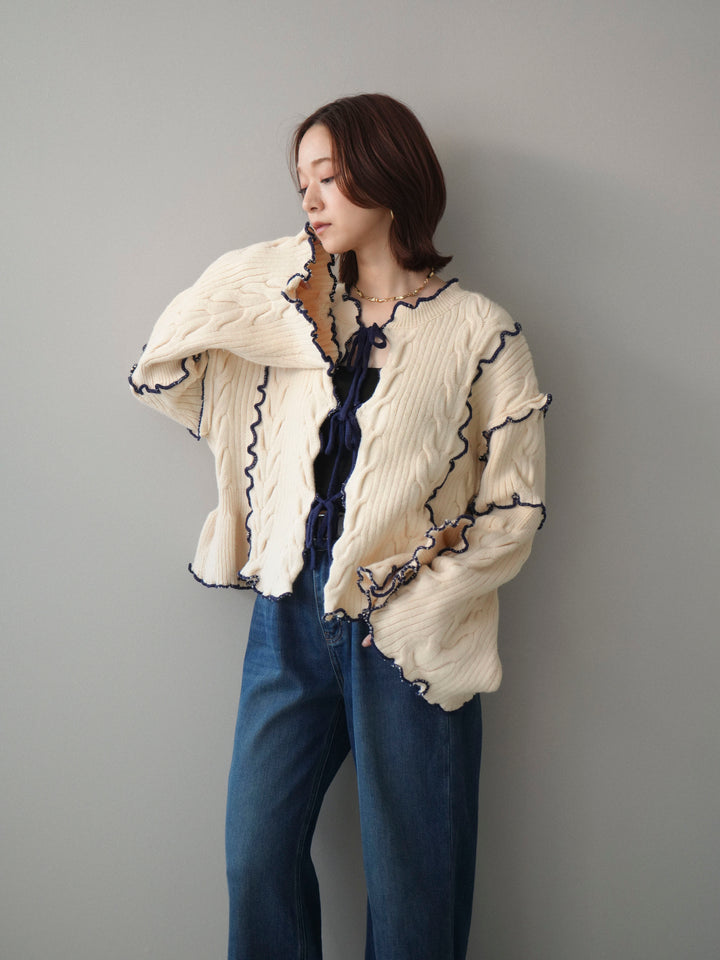 [SET]フロントリボン配色メローニットカーディガン+裏起毛裾フリンジワイドデニムパンツ(2set)