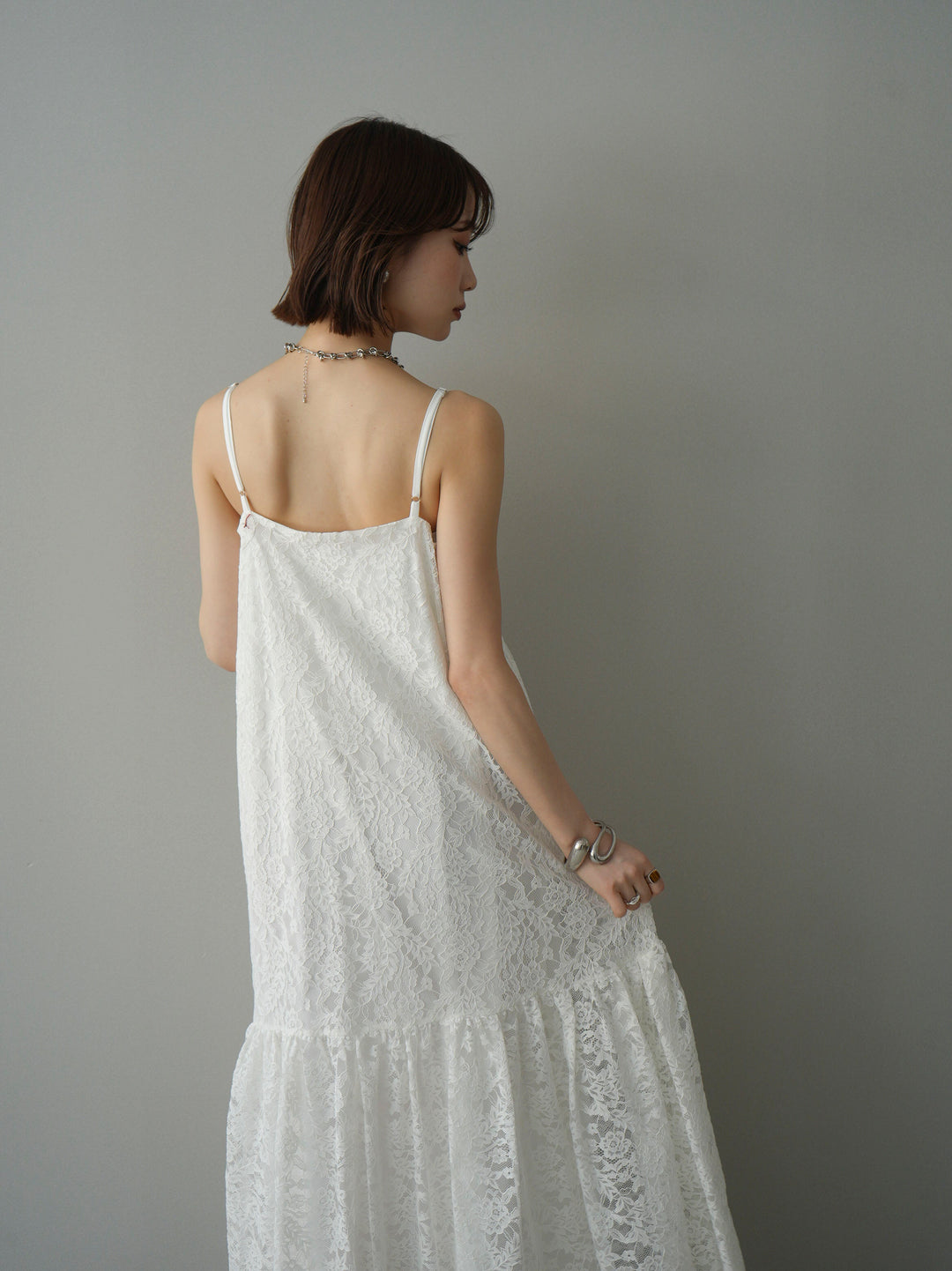 [予約]ギャザー切替レースキャミワンピース/white