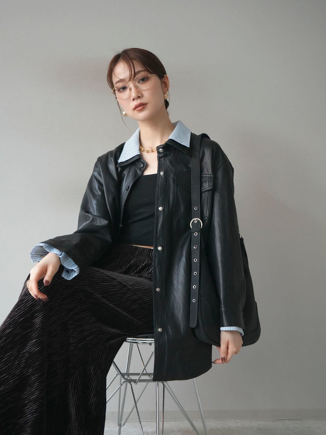 [予約]シャツレイヤードデザインレザージャケット/black