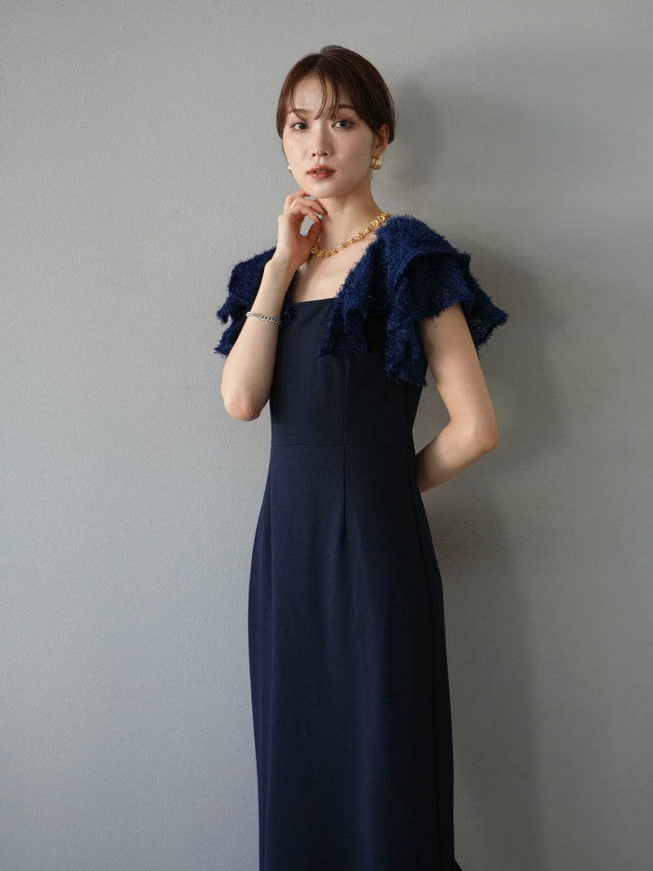 [予約]ジャガードフレアスリーブドレス/ネイビー