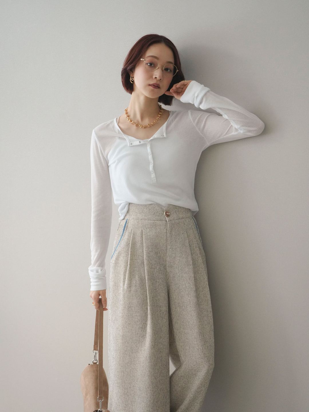 [予約]シアーリブヘンリーネックロンT/white