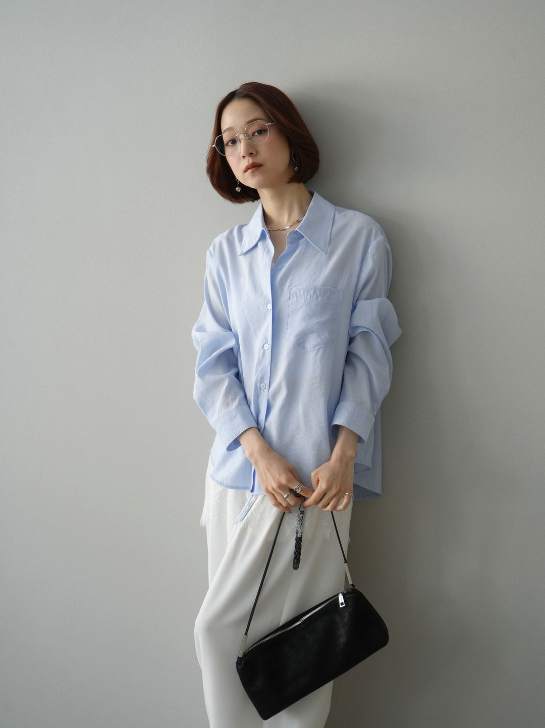 [予約]レイヤードデザイン裾レースブラウス/blue