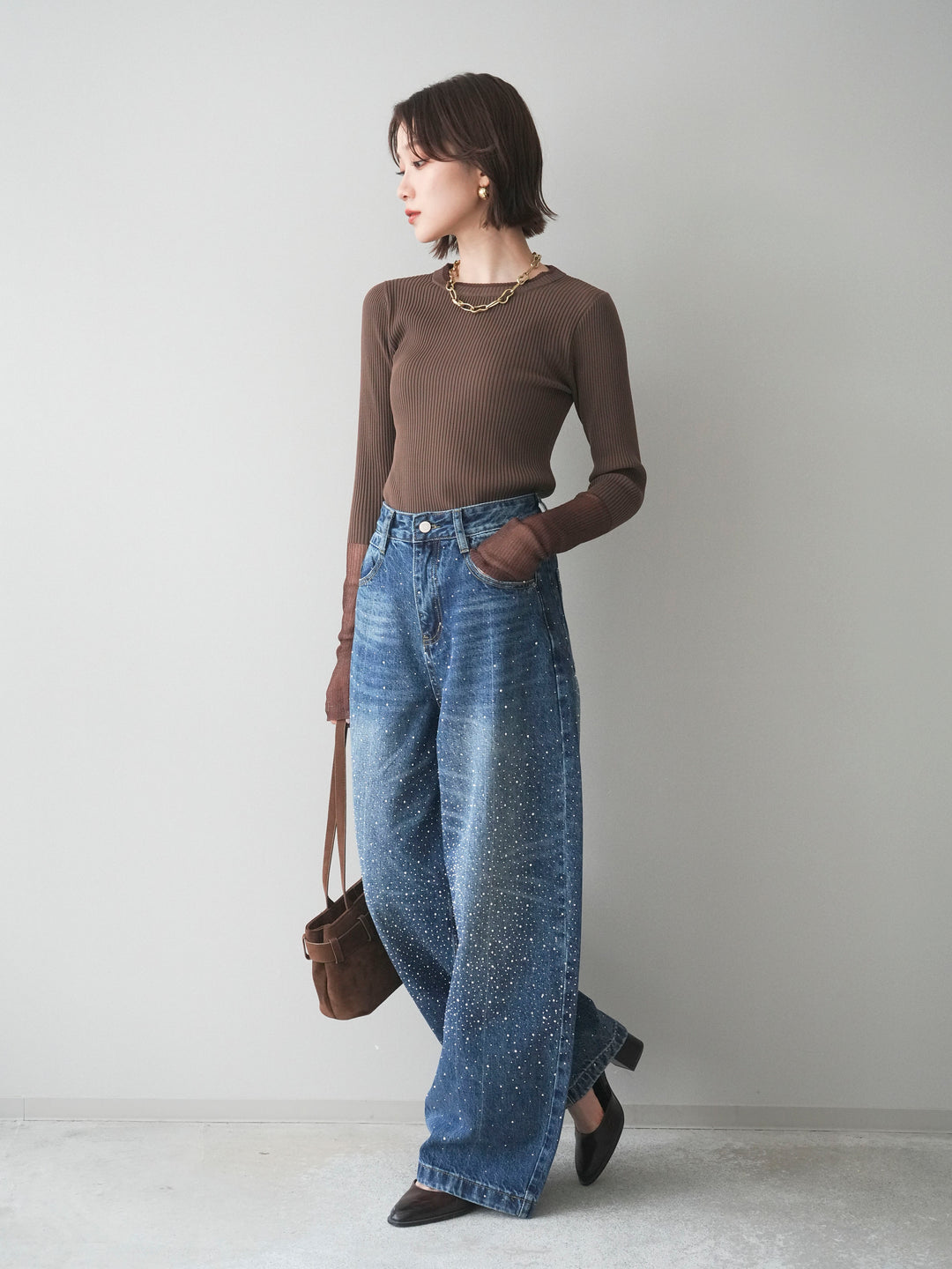 [SET]リブラメシアー切替リブニットトップス+ラインストーンカーブデニムパンツ(2set)