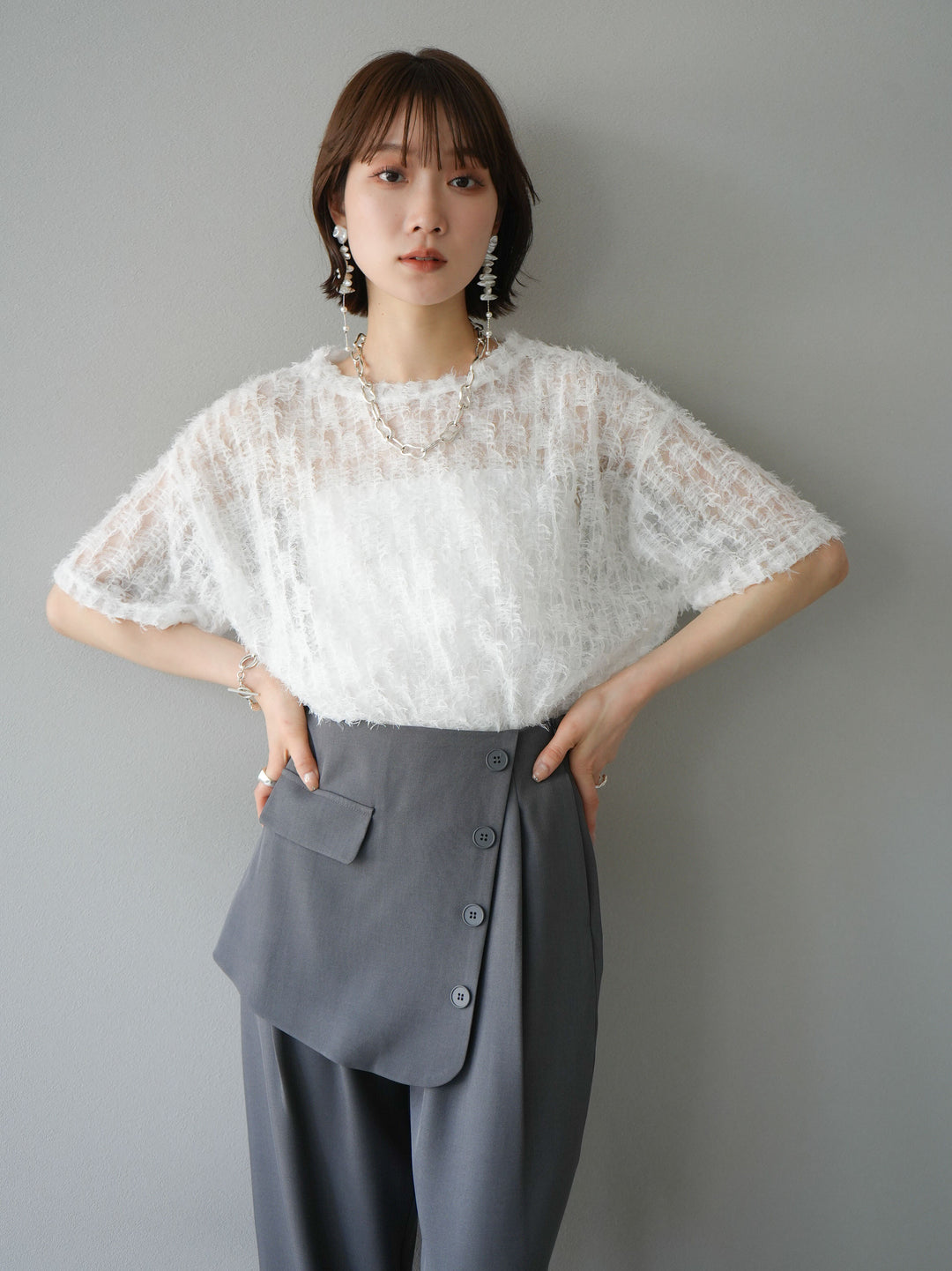 [Pre-order] Fringe Tulle 5/4 Sleeve Over Top/Off-White