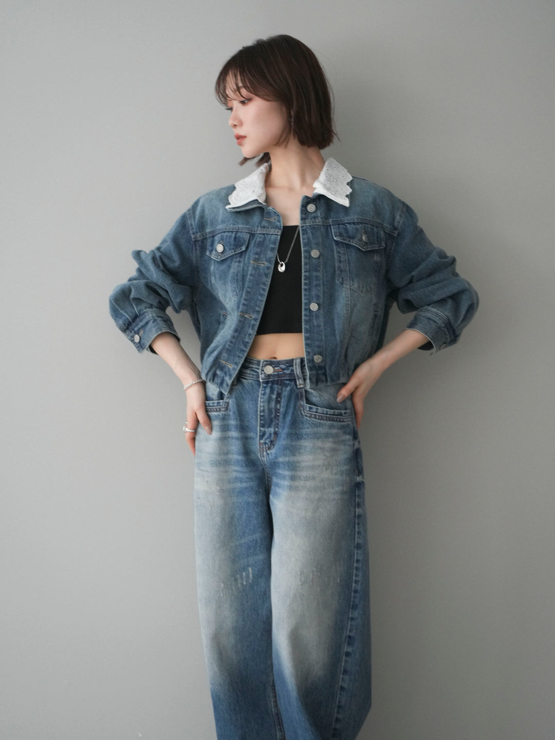 [予約]襟レースデニムショートジャケット/indigo