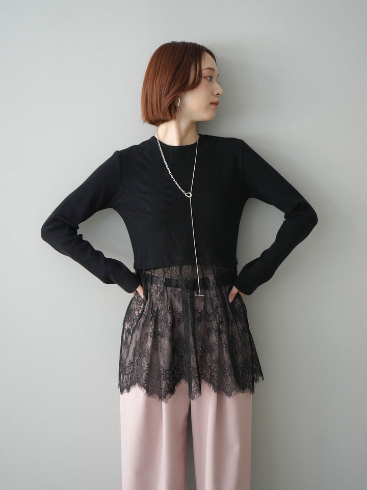 [SET]クルーネックレースドッキングリブニットトップス+ベルト付キーホルダーモチーフワイドパンツ(2set)