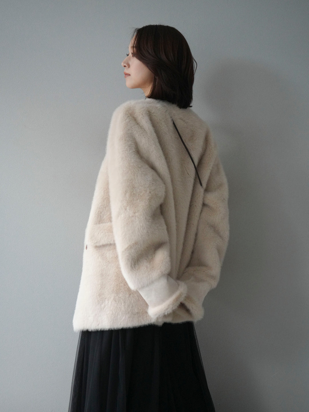 [SET]バッグ付エコファーノーカラーコート+チュールボリュームスカート(2set)