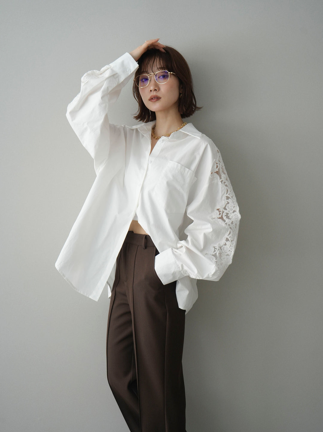 [SET]アームレースブロードシャツ+センターシームフレアパンツ(2set)