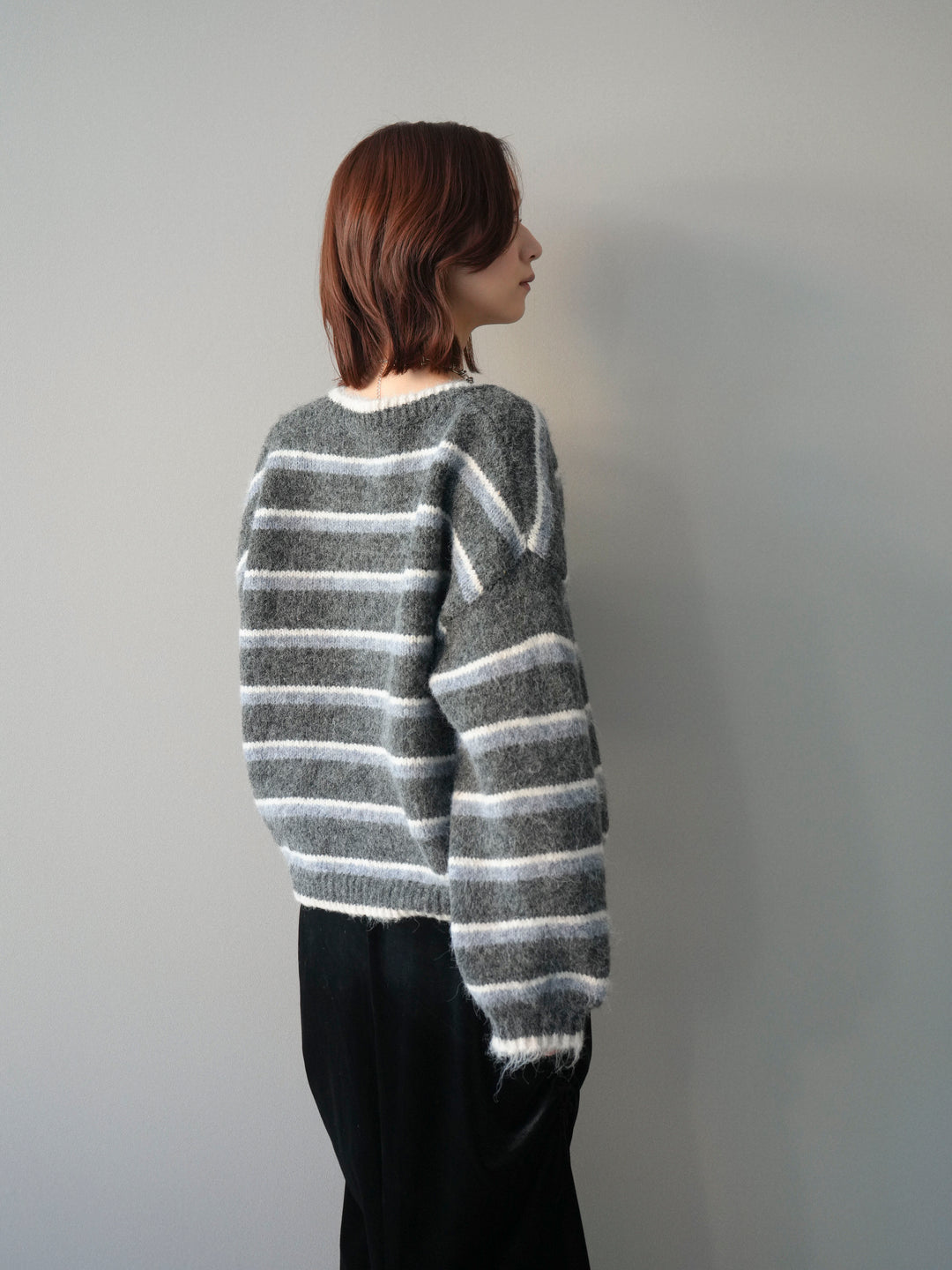 [予約]ウールタッチ配色ボーダーニットカーディガン/gray