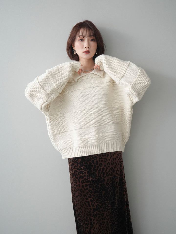 [SET]襟付きボーダー編みニットプルオーバー+選べるアクセセット(2set)