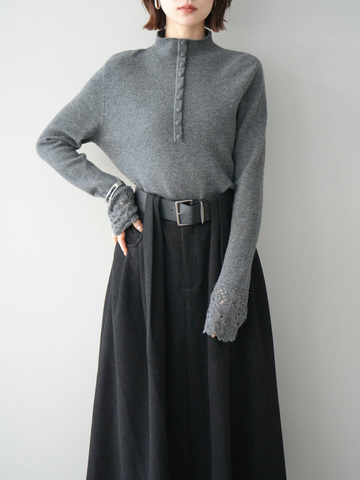 [予約]袖スカラップレースフロントボタンウールニットトップス/gray