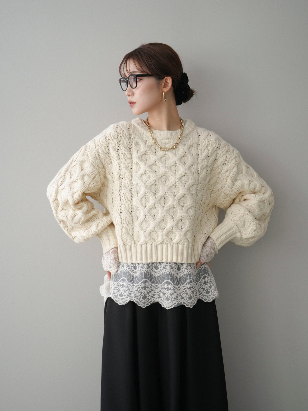 [予約]バルキーケーブルクロップドニットプルオーバー/ivory
