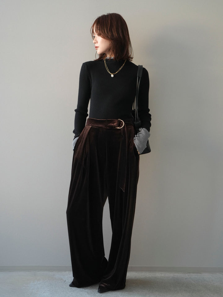 [予約]袖ボタンハイネック配色リブニットトップス/black