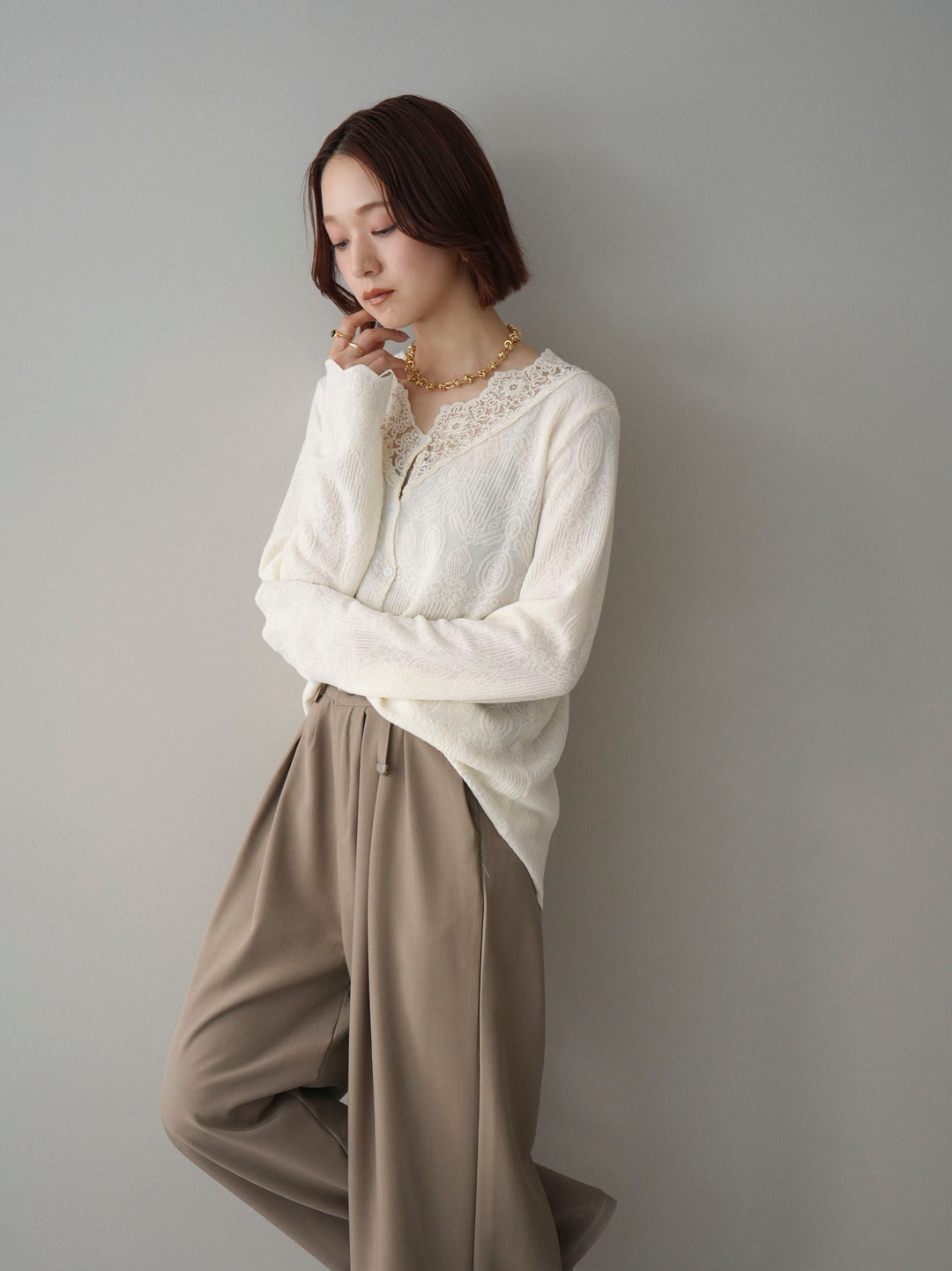 [SET]レースネックジャガードニットカーディガン+ベルト付キーホルダーモチーフワイドパンツ(2set)