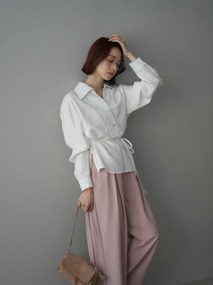 [SET]Vネック変形ラインシャツ+ベルト付キーホルダーモチーフワイドパンツ(2set)