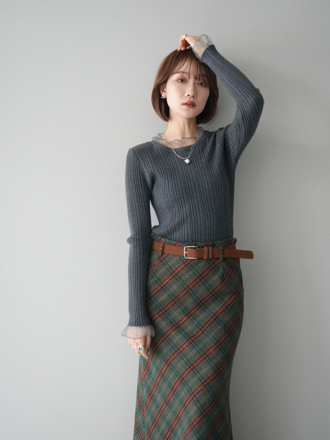 [SET]チュールドッキングリブニットトップス+選べるアクセセット(2set)