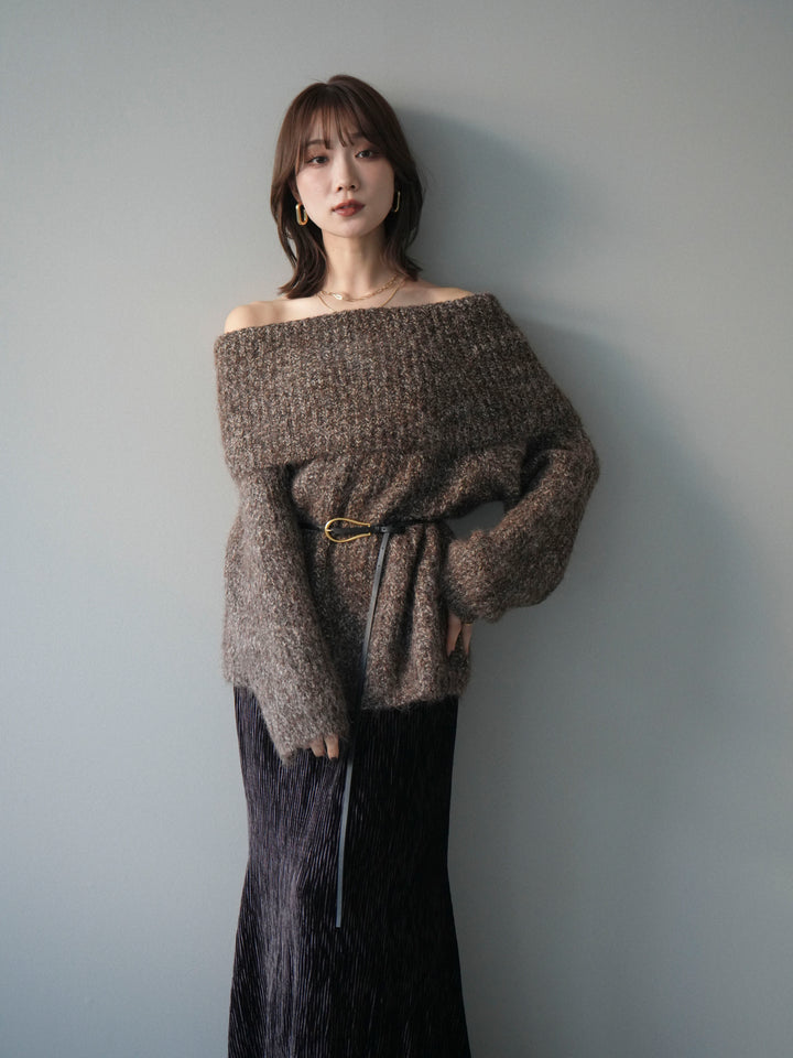 [予約]オフショルミックスニットプルオーバー/brown