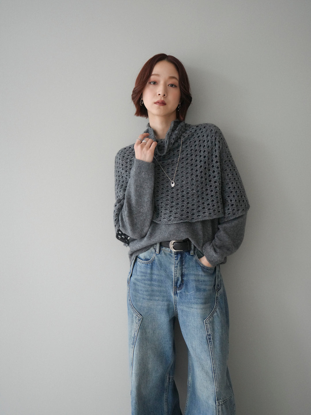 [予約]メッシュケープアンサンブルニットプルオーバー/darkgray