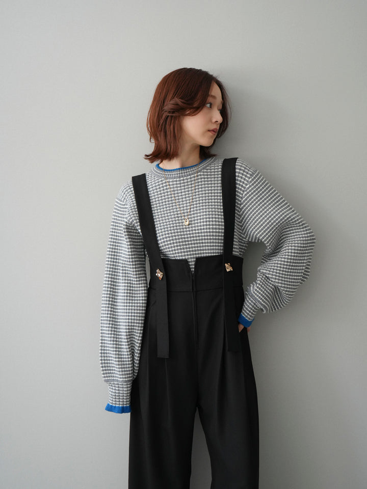 [SET]ラメ異素材ボーダーリブニットプルオーバー+ゴールドボタンサスペンダーワイドパンツ(2set)