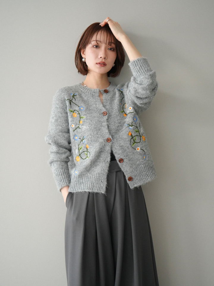 【預購】花朵刺繡針織開襟衫 / 灰色