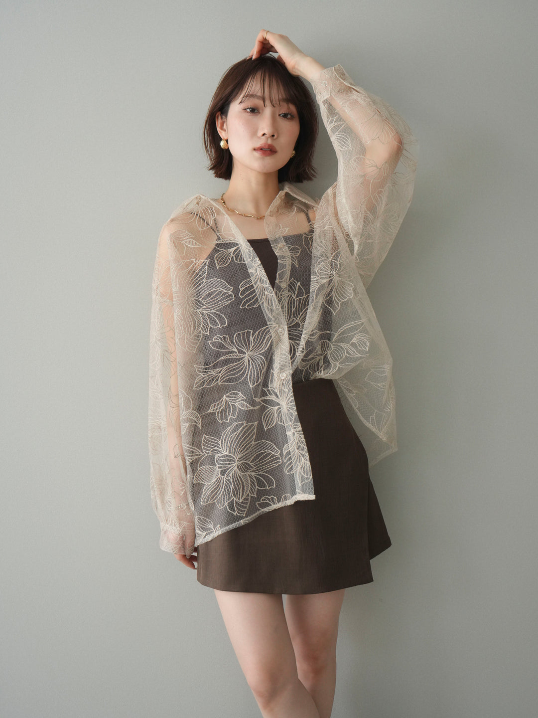 [予約]チュールフラワー刺繍オーバーシャツ/ecru