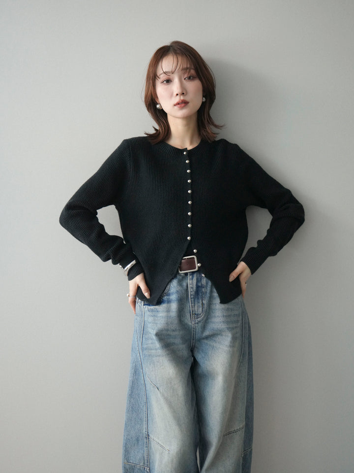 [予約]シルバーボタン畦編みニットカーディガン/black