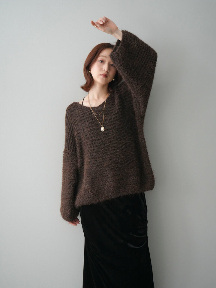 [SET]ワッフル編みシャギーニットプルオーバー+ギャザーベロアスカート(2set)