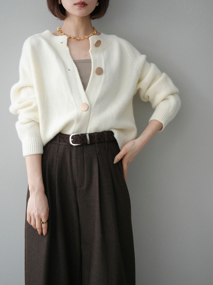 [SET]BIGボタンニットカーディガン+アニマル柄ベルト付きウールタッチワイドパンツ(2set)