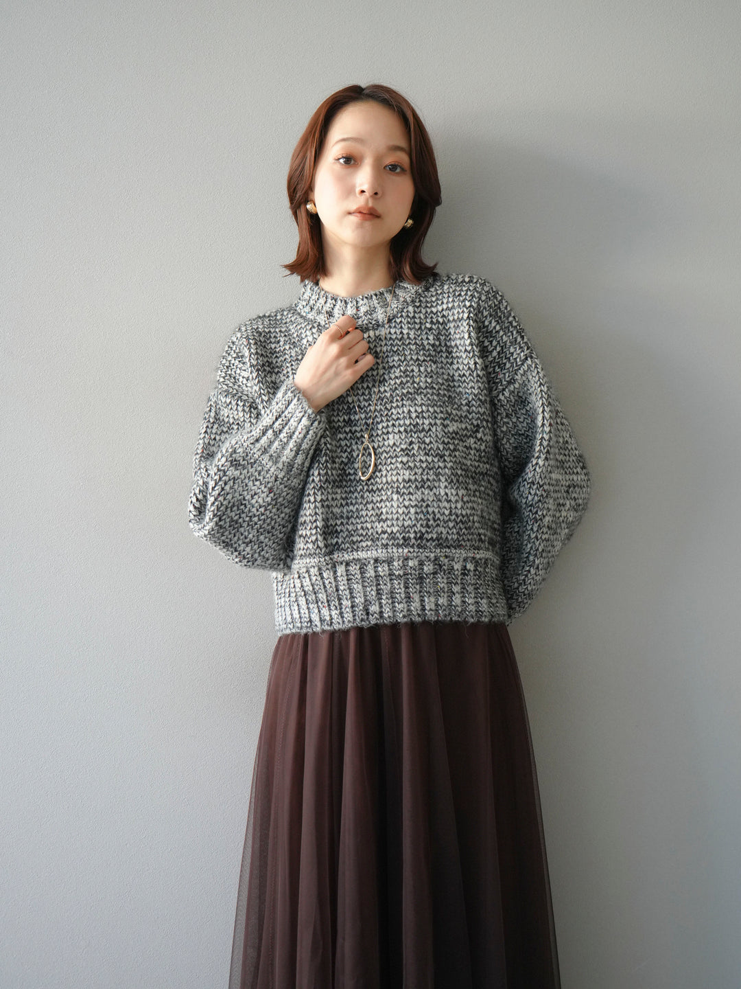 [予約]ボリュームスリーブミックスネップニットプルオーバー/gray