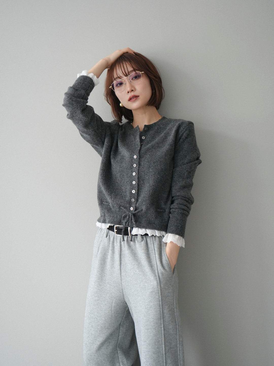 [SET]スカラップレース切り替ニットカーディガン+選べるアクセセット(2set)