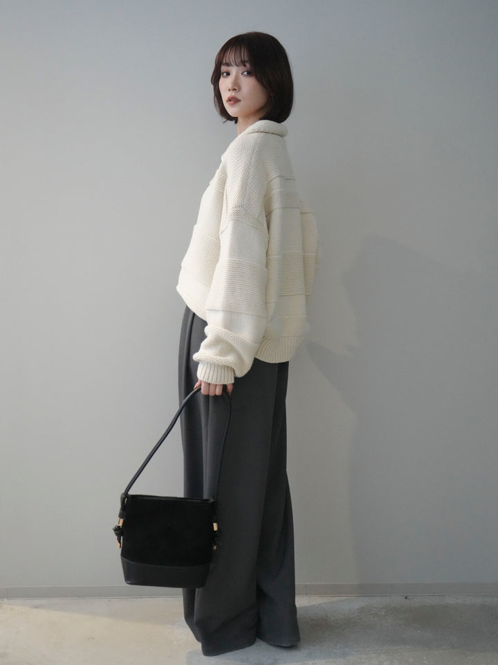 [SET]襟付きボーダー編みニットプルオーバー+ベルトループデザインワイドパンツ(2set)
