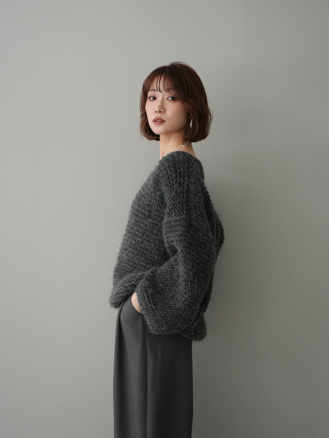 [予約]ワッフル編みシャギーニットプルオーバー/gray