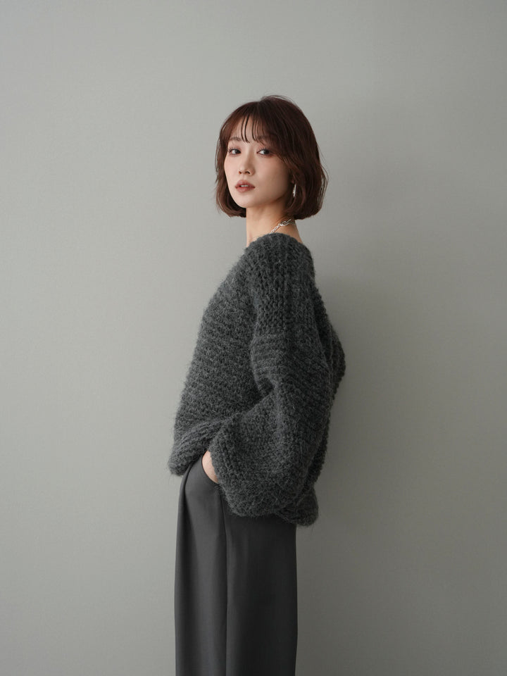 [予約]ワッフル編みシャギーニットプルオーバー/gray